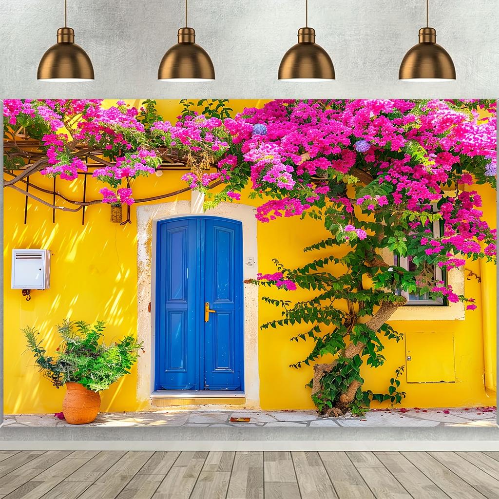 One piece, Greek street view with Mediterranean style, yellow house walls with blue doors and windows background
