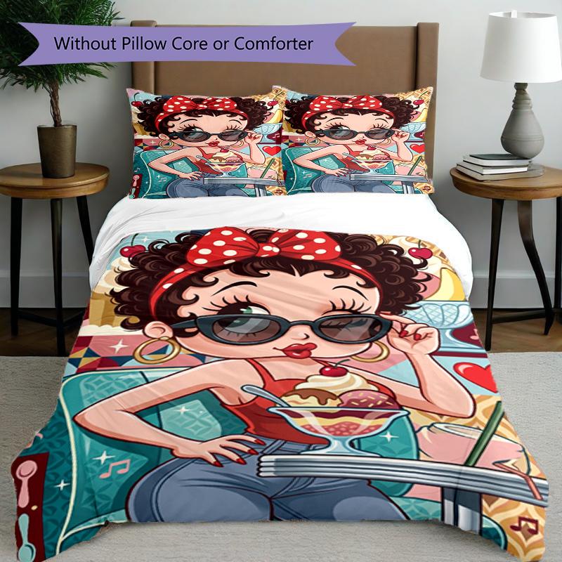 3pcs Duvet Cover Set (1*Duvet Cover + 2*Pillowcase, Without Core), Betty Boop Print Bedding Set, Bedroom Decor, All‑Season, Birthday Gift
