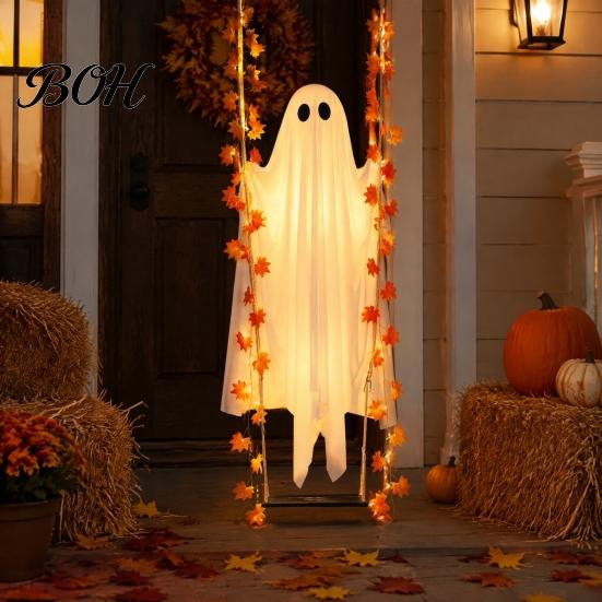 Waterproof Patio Tree Hanging Props Swinging Ghost Halloween Decoration for Outdoor Garden Yard, Weighted Fabric Flying on A Swing with LED