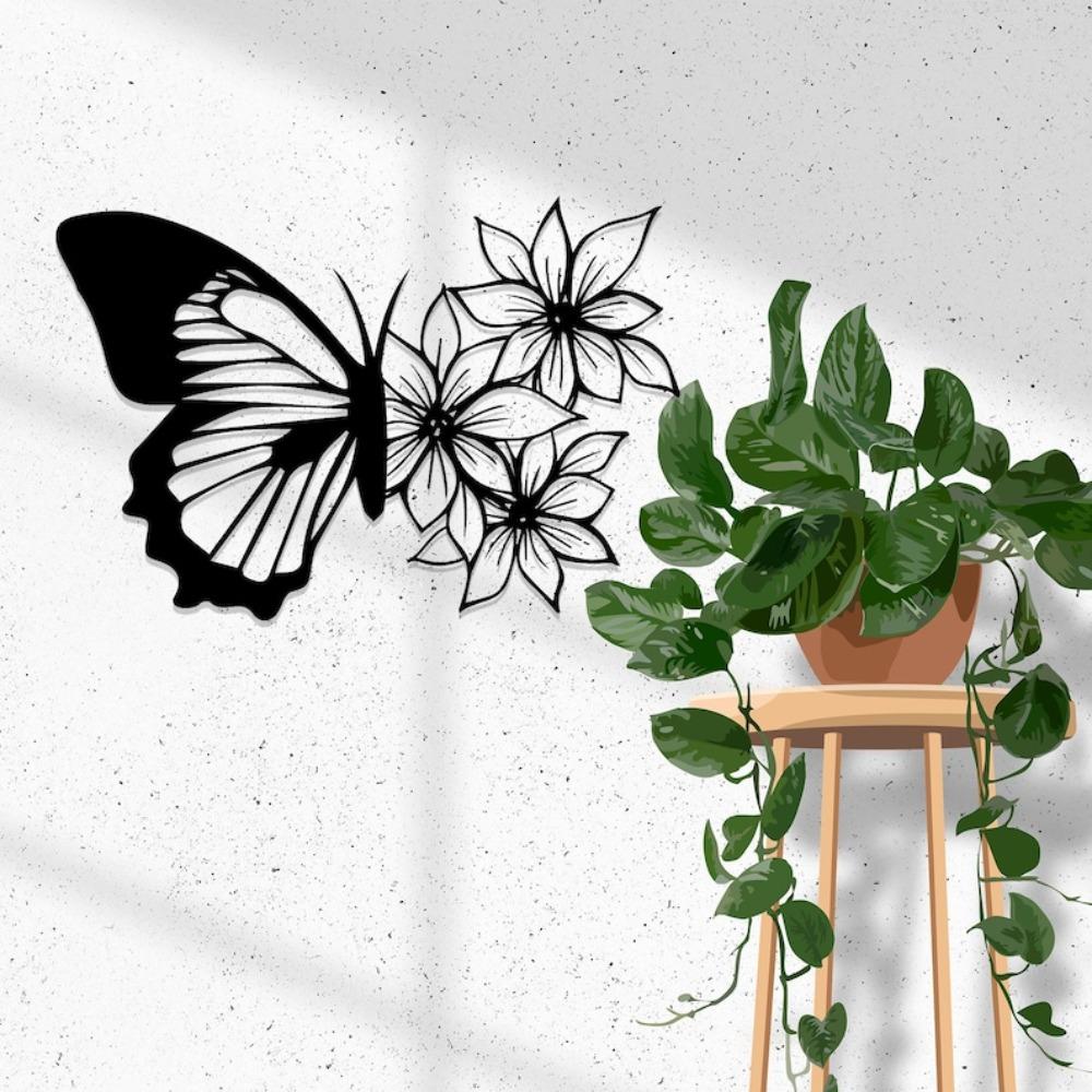 Черное Металлическое Настенное Искусство 'Цветок Бабочка', Текстурированный Стальной Декор