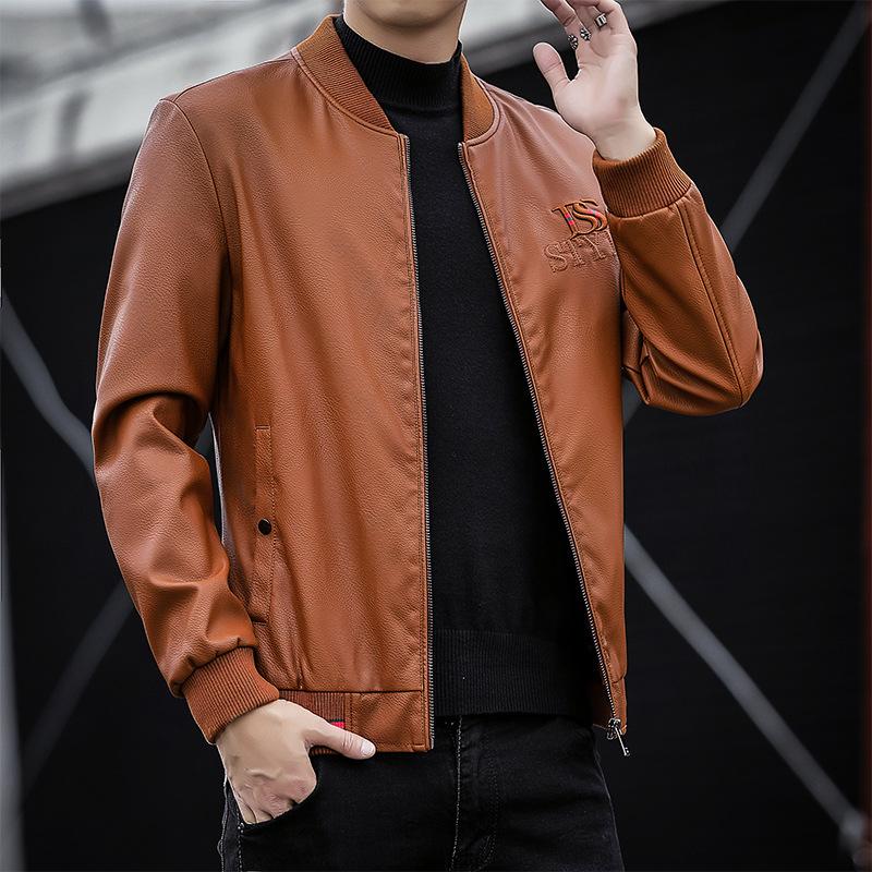 Осенне-зимняя новая мужская облегающая кожаная куртка с бейсбольным воротником, тонкая флисовая молодежная мотоциклетная мужская куртка из искусственной кожи