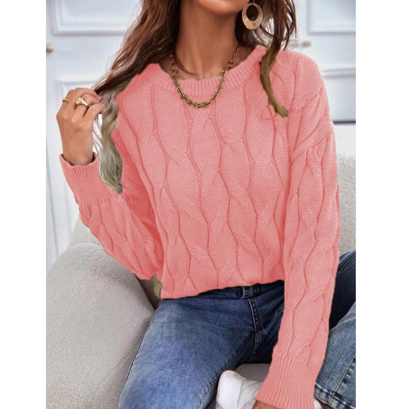 Womens Knitwear Cable Knit Sweater Autumn Round Neck Long Sleeve Pullover Tops Ladies Winter Casual Loose Jumper