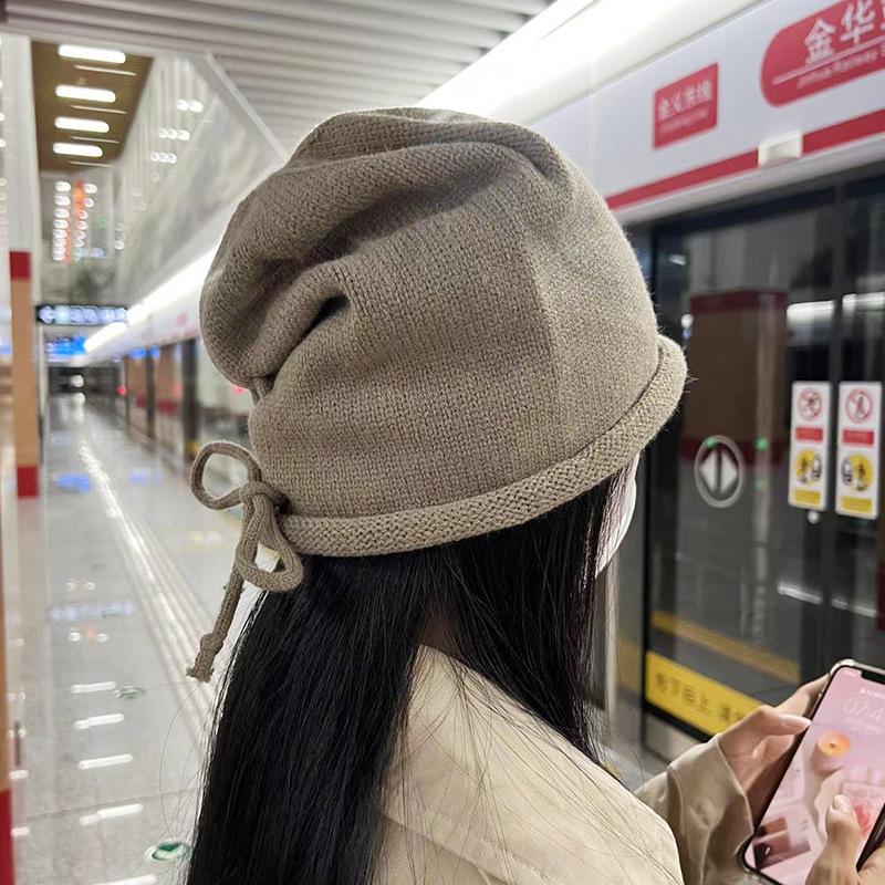 Drawstring Baggy Slouchy Beanie Bonnet For Women Autumn Winter Ear Keep Warm Skullies Cap Fashion Girl Kint Woolen Hat