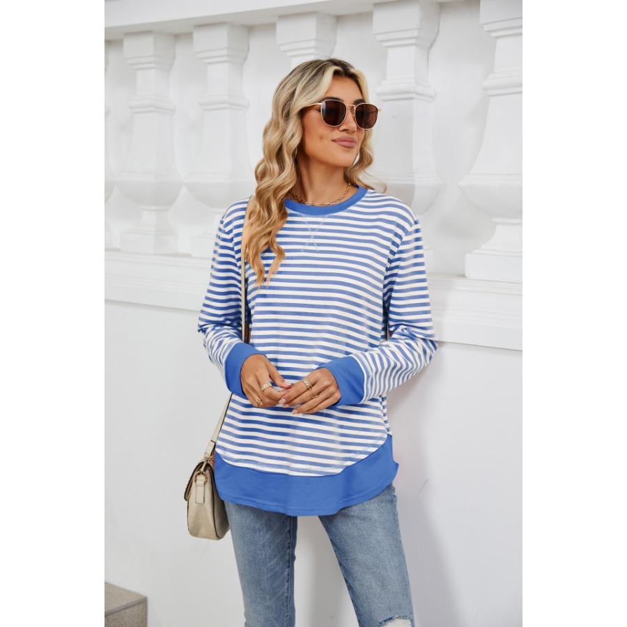 Осень-зима полосатые пуловеры модные женские контрастные круглые вырезы свободные длинные рукава толстовка с капюшоном топ для женщин