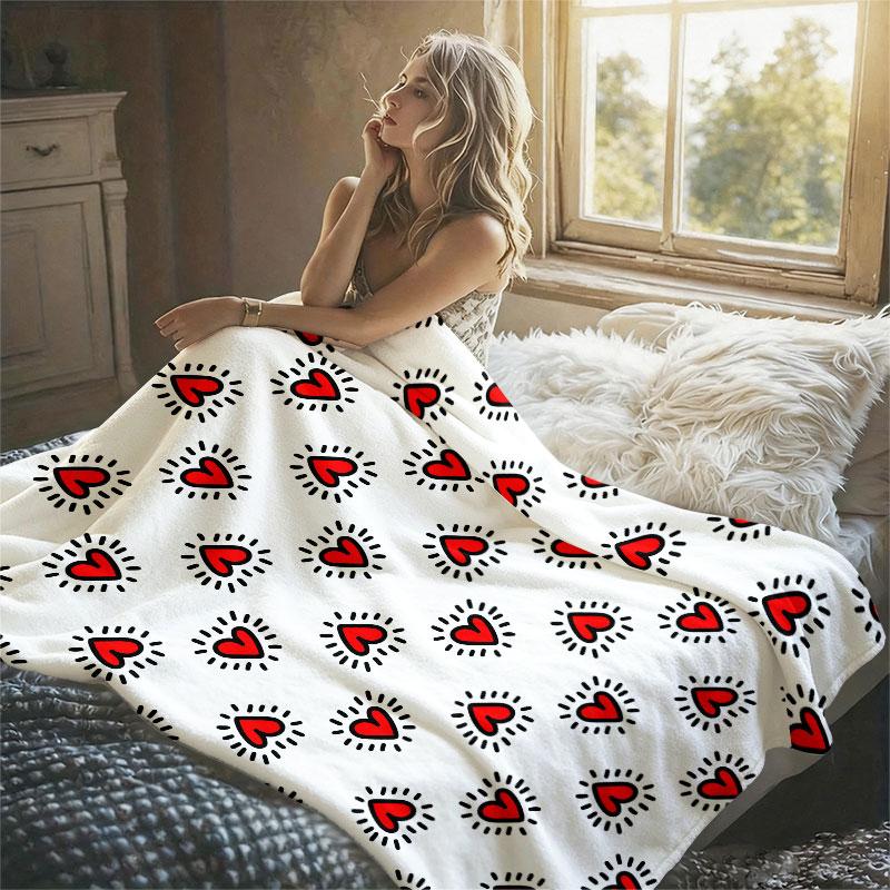Red Doodle Hearts Flannel Blanket Warm Soft Halloween Christmas Decorative Couch Warm Cozy All-Season Gift