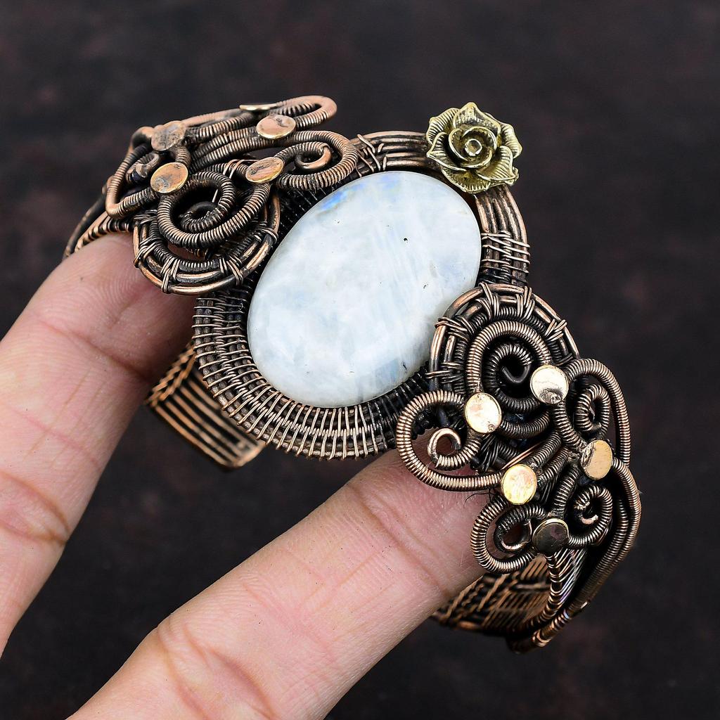 Rainbow Moonstone Bangle Copper Wire Wrapped Cuff Bracelet Handmade Bangle Adjustable Cuff Bracelet Gemstone Flower Jewelry Anniversary Gift