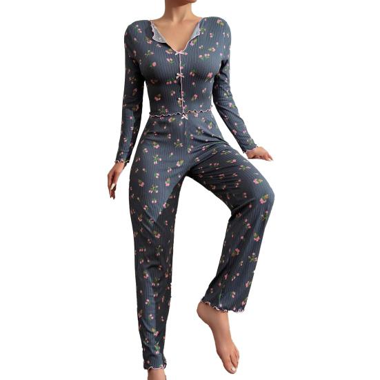 Пижамный комплект для женщин с вишневым принтом, кроп-топ с длинным рукавом и длинные