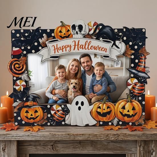 Double Sided Wooden Photo Holder Halloween Frame, Pumpkin Ghost Cat Cutout Picture Shape Ornament Holder, Double-sided Holiday Tabletop Decor for Home