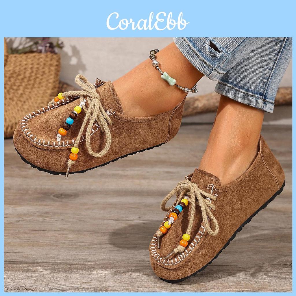 Retro Suede Flat Loafers For Women With Beaded Details Comfort Wear Footwear