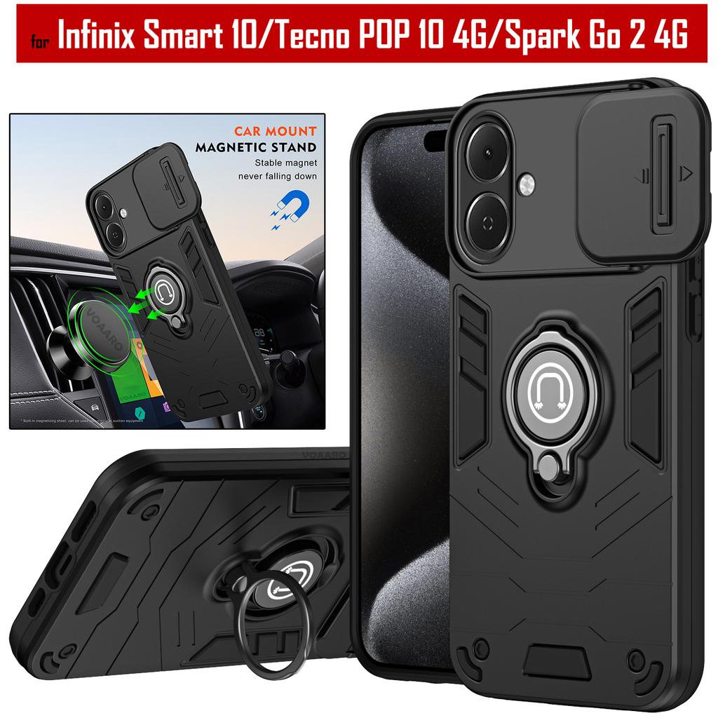 Чехол-фунда с защитой объектива-слайдером для Infinix Smart 10 4G, чехол с подставкой-кольцом на магните для Teccno Pop 10 Spark Go 2 4G