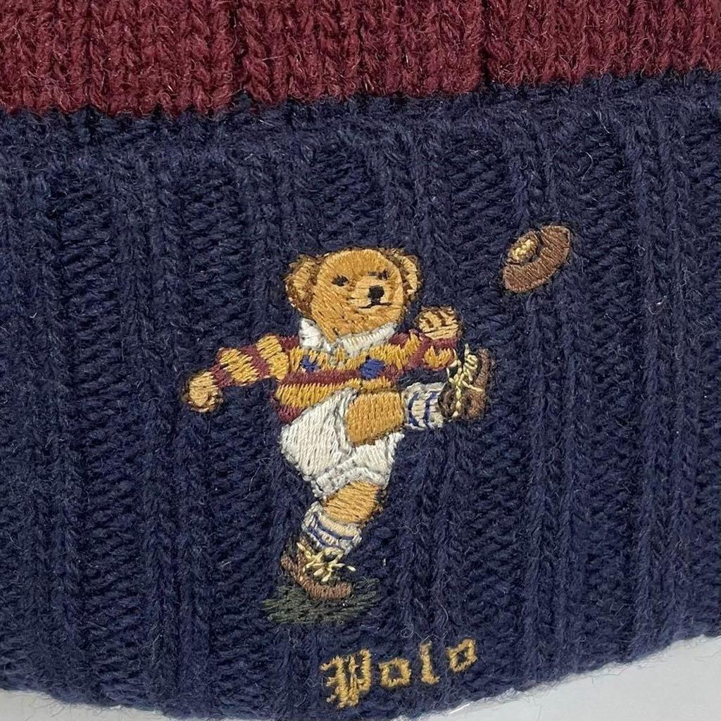 Б/у вязаная шапка-бини Polo Ralph Lauren с изображением медведя Polo и биркой Неиспользованная вязаная шапка-бини Rugby Border POLO