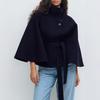 Fashion Women's Lace Up Woolen Cape Coats Loose Stand Collar Batwing Sleeve Button Black Gray Jackets Autumn Streetwear