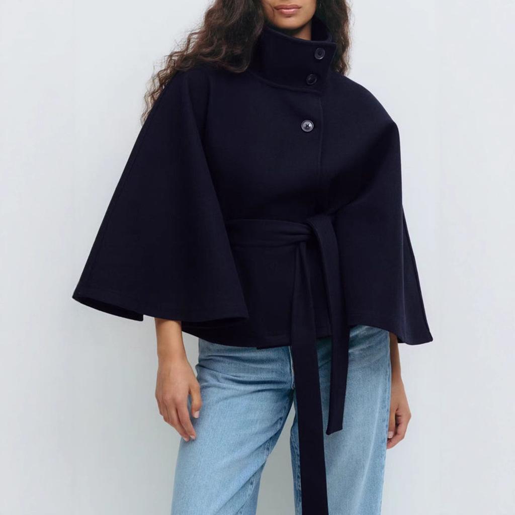 Fashion Women's Lace Up Woolen Cape Coats Loose Stand Collar Batwing Sleeve Button Black Gray Jackets Autumn Streetwear