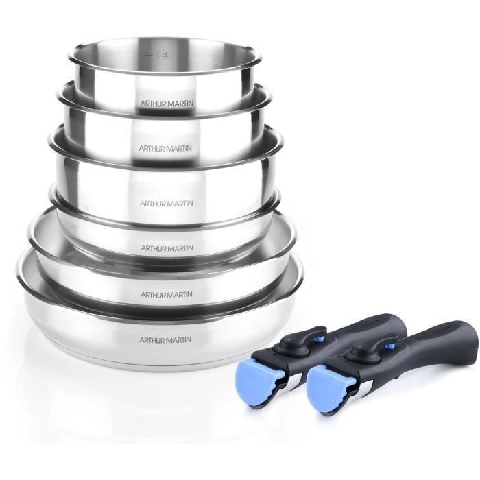 Induction Cookware Set - Arthur Martin - AM5538 - Stainless Steel - 8 Pieces - Removable Handle - All Heat Sources Including Induction