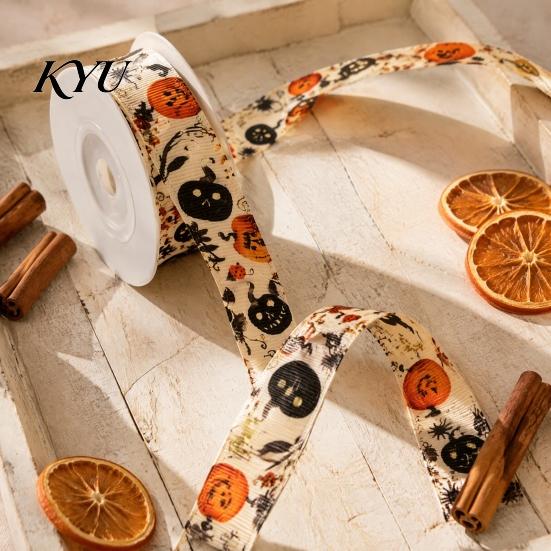 Halloween Party Favor Packaging Ribbon, 5 Yards 5/8" Pumpkin Spider Web Printed Ribbon for Holiday Crafts Gift Wrapping, DIY Wreath Bow Crafts,