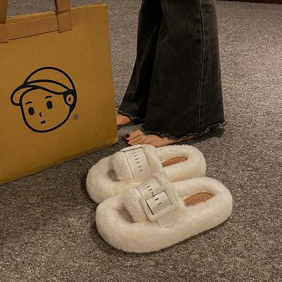 Премиальные толстоподошвенные пушистые тапочки для женщин, для ношения осенью и зимой 2025, новые французские ленивые корейские хлопковые тапочки на одно слово