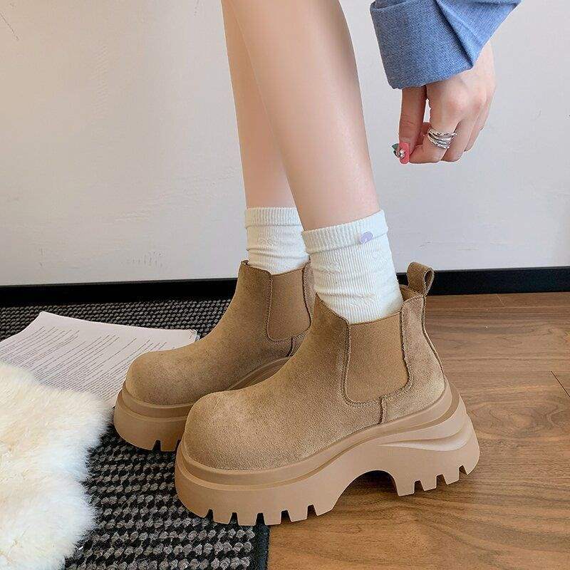 Versatile Chelsea Short Boots Women's Single Boots 2025 Autumn New Thick-soled Heightened 7CM Small Martin Boots