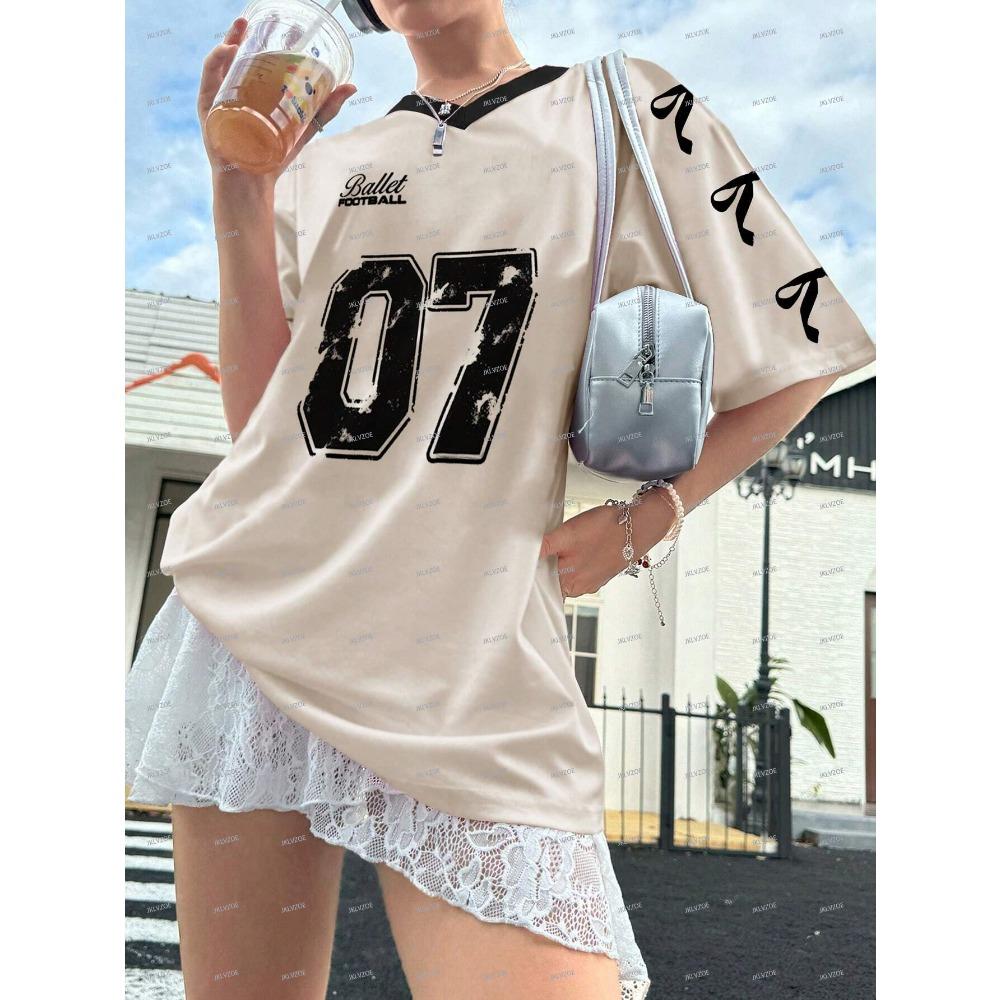 Women's Letter Print V-Neck Short Sleeve T-Shirt Summer Graphic Tee Football Jerseys Oversized Sport T-Shirt