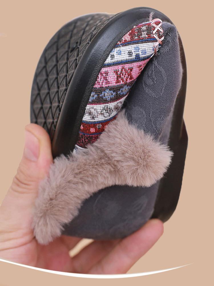 Женские зимние теплые туфли без застежек в китайском стиле с вышивкой в винтажном этническом стиле с флисовой подкладкой на плоской подошве, нескользящие туфли для мам