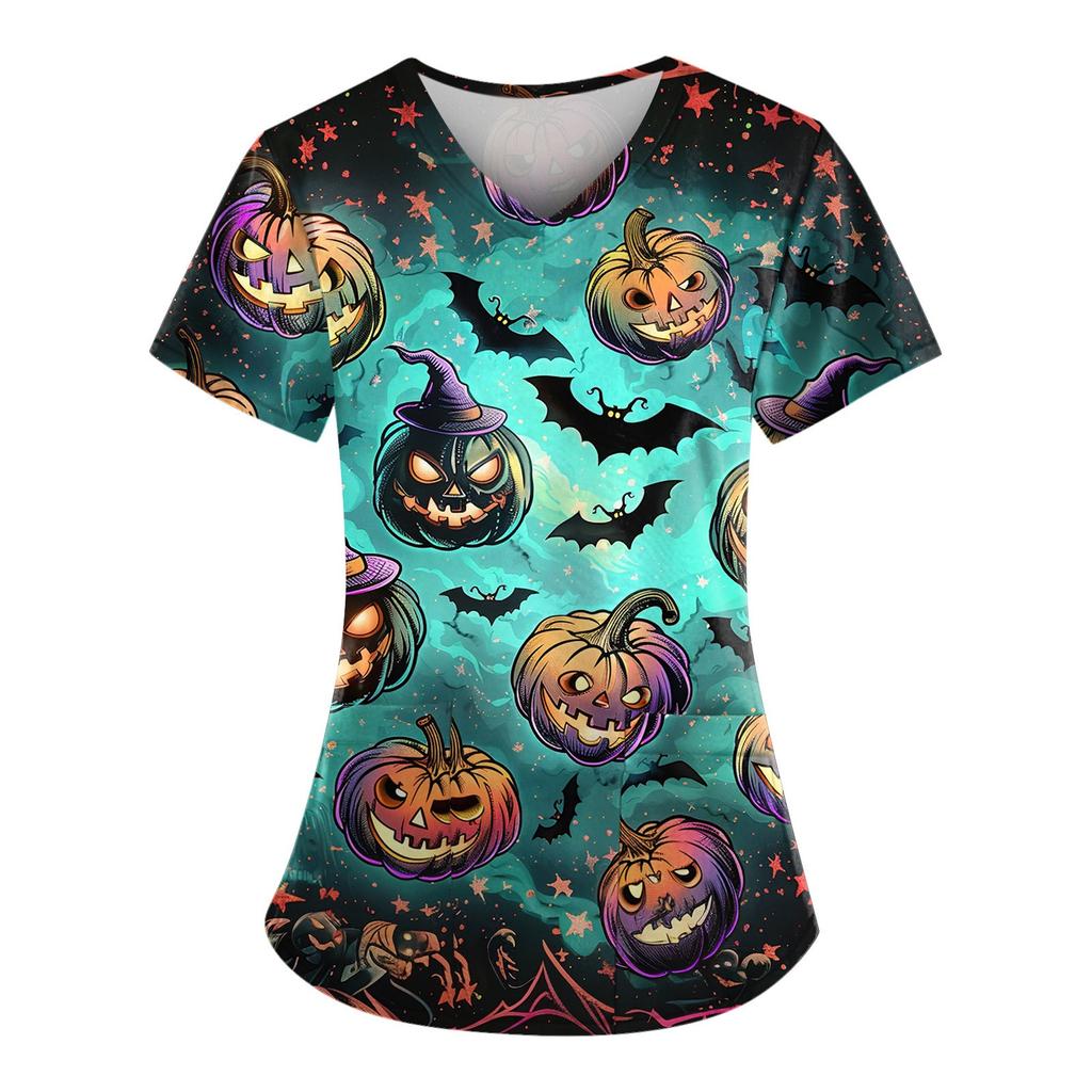 Женский V-образный вырез, модный повседневный топ с принтом на Хэллоуин, топ Dry-nurse