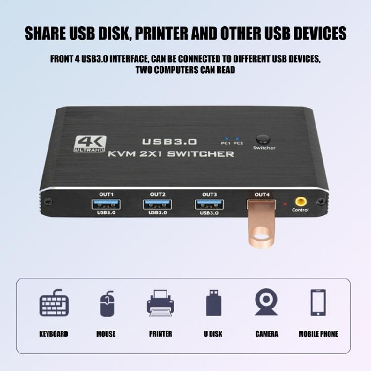 KVM-переключатель с 4 портами USB 3.0 для подключения принтеров и устройств хранения данных, доступный с обоих компьютеров, эффективный