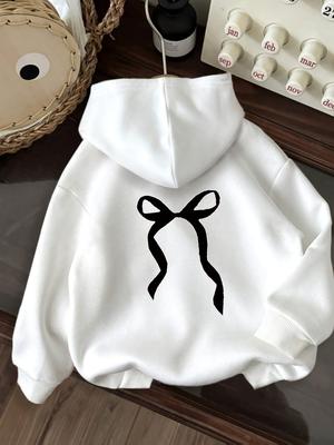 Осень и Зима 2025 Черный Принт Бант Простой Стиль Женские Толстовки с Длинным Рукавом и Круглым Вырезом Удобные Повседневная Одежда