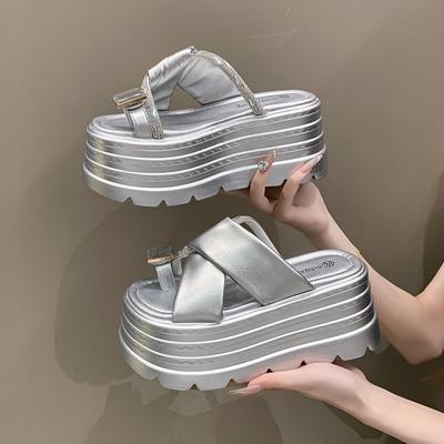 Модные 8 см римские блестящие хрустальные шлепанцы женские летние новые модные шлепанцы с пайетками на высокой платформе с открытым носком пляжные шлепанцы кожаные сандалии слайды