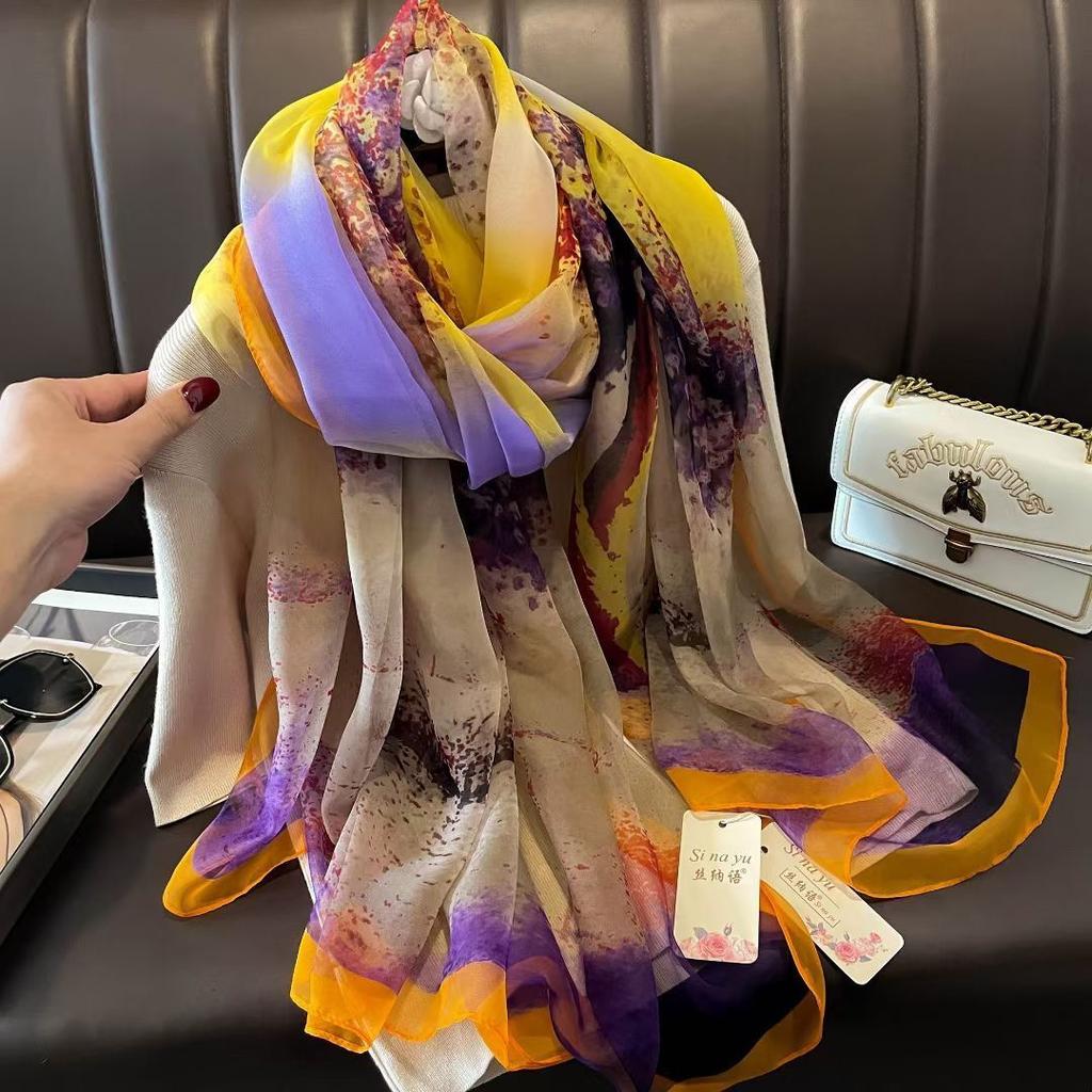 Silk Scarf for Women In Spring Autumn and Winter Middle-aged and Elderly Mothers Warm and Versatile Super Large Scarf Literary Style Travel Scarf