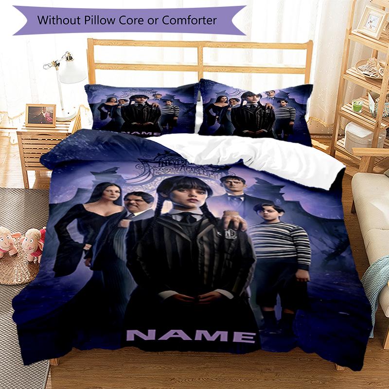 3pcs Custom Name Wednesday Bedding Set Duvet Cover Closure Includes 1 Duvet Cover & 2 Pillowcases, Soft and Comfortable for All Seasons.