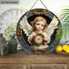 Wooden Sign Adorable Angel & Clock Pattern - Charming Round Artwork for Front Door Wall Home Hanging Decoration