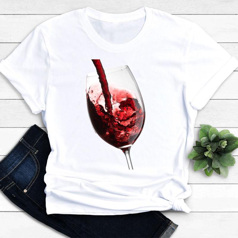 Women's Vintage Tee Color Wine Glass Print a Generation Hair Base Shirt Trend Aesthetic Graphic T Shirts Casual Tops