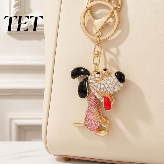 Sparkling Puppy Pendant Rhinestone Dog Keychain, Backpack Purse Bag Charm with Lobster Keychain Clasp, Golden Plated Keyring Decorative Zinc Alloy Key