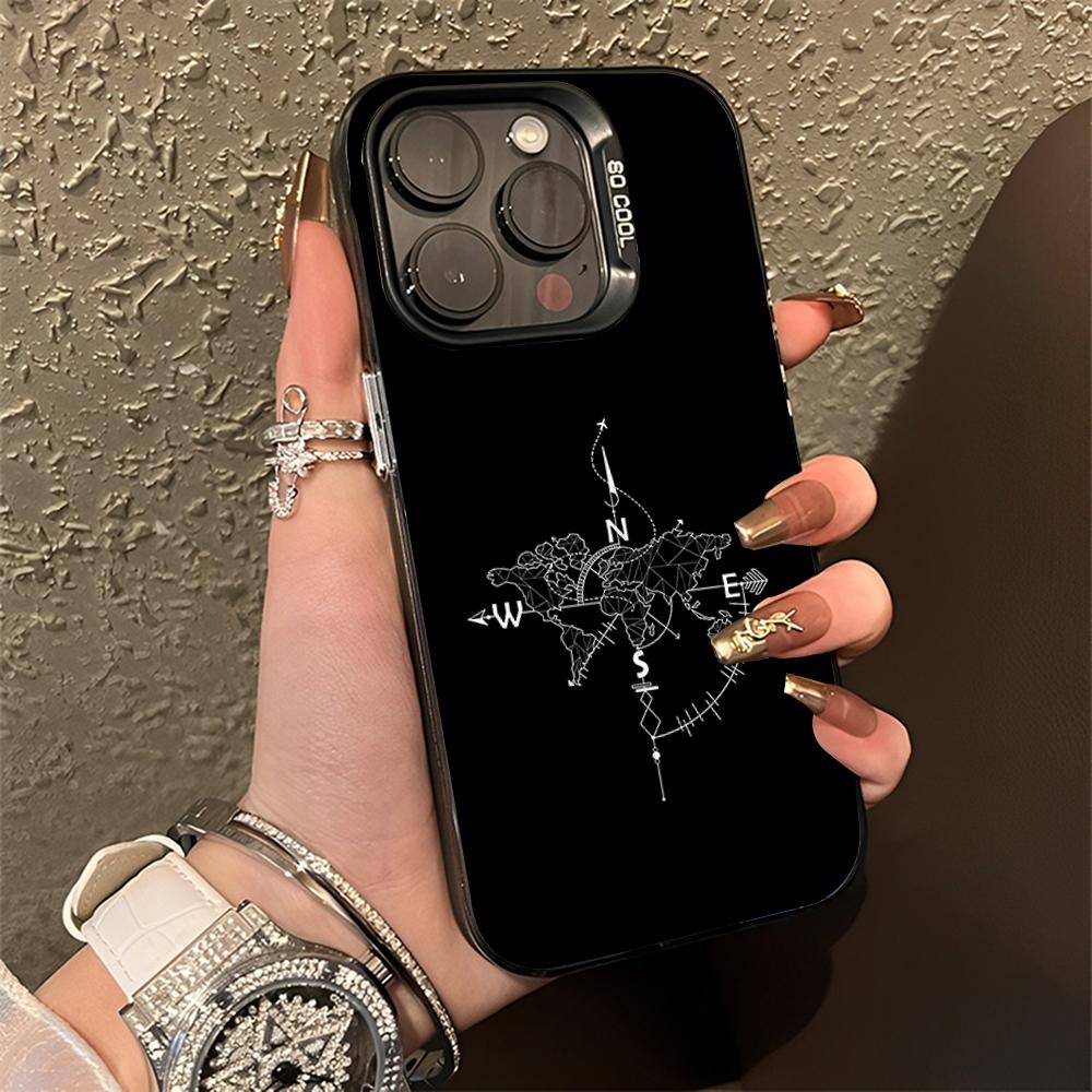 Wood Compass Clock Art Phone Case For iPhone 16,15,14,13,12,11,Pro,Max,Plus,Mini,XS,SE Anti Fall Black Matte Hard Bumper