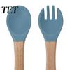 Training Cutlery for Infants Baby Led Weaning Spoon And Fork Set, Soft Silicone Utensils Feeding with Wooden Handles, Toddler Self-Feeding Tableware,
