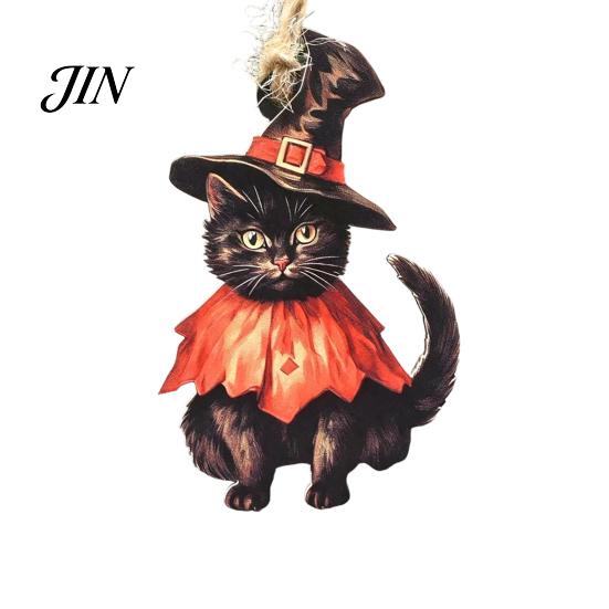 Watercolor Witch Cat Wood Decor Halloween Wooden Hanging Ornament, Decorative Pendant, Party Cute Holiday Favors for Tree And Window Pumpkin Sign