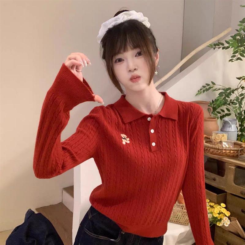 Lapel knitted sweater women's new twist embroidered high-end sweater early autumn backing inner top