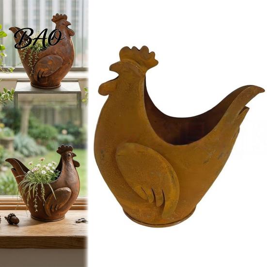 Backyard Patio Landscaping Accents Rustic Rooster Garden Ornament, Weather Resistant Flowerpot, Metal Sculpture Artistic Silhouette Sculptures