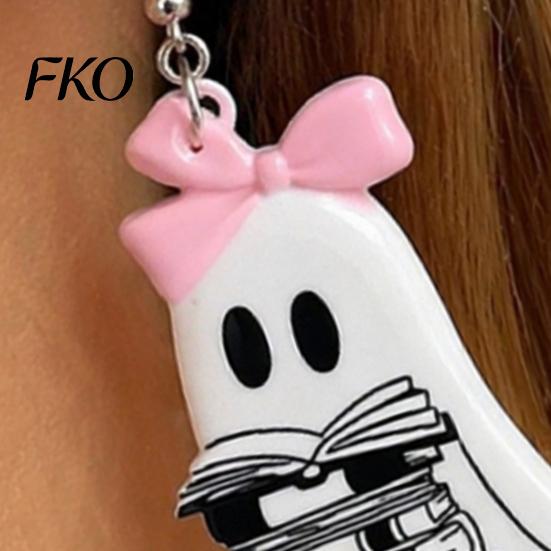 Hypoallergenic Alloy Hooks Cute Reading Ghost Earrings, Sweet Bowknot Drop Polished Acrylic Charms Lightweight Halloween Jewelry for Women Girls