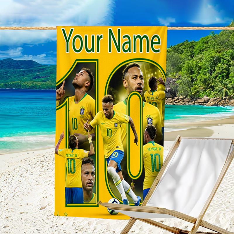 1pc Brazilian football player Beach Towel with Custom Name, Beach and Seaside Swimming Pool Equipment, Fashion Pattern, Rectangular, Travel Essential