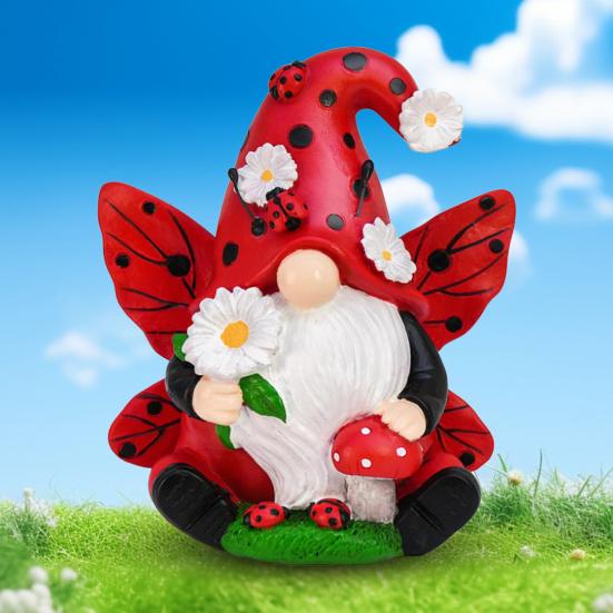 Ladybug Gnome Figurine Flower Winged Dwarf Elf Resin Statue Sculpture Indoor Outdoor Garden Home Office Desktop Decoration Ornament