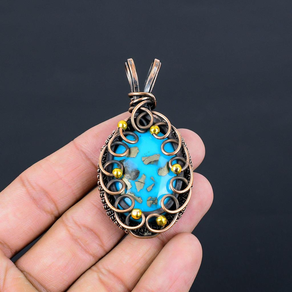 Иранский бирюзовый драгоценный камень из чистой медной проволоки, обернутый ювелирным кулоном ручной работы