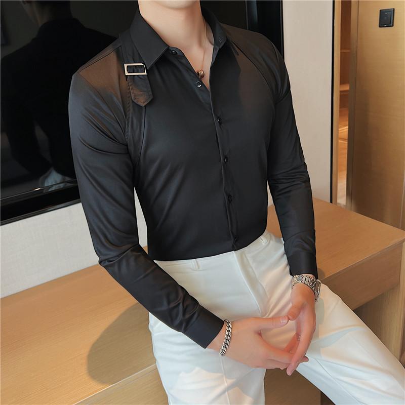 Men's Spring and Fall Casual Business Shirt Back Strap Design Long Sleeve Stand-up Collar Shirt