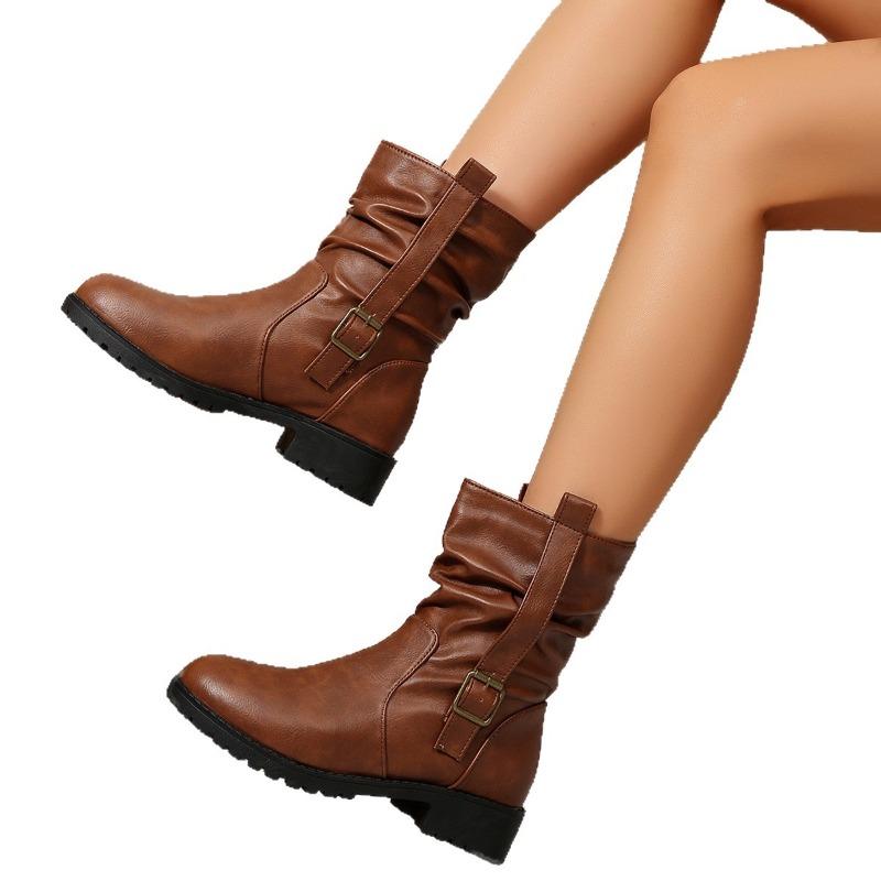 Круглая пряжка-ремень для скальпа, плиссированные ботинки-чулки, зима 2025, новые, ретро, больших размеров, в британском стиле, на толстом каблуке, ботинки-мартенсы для женщин