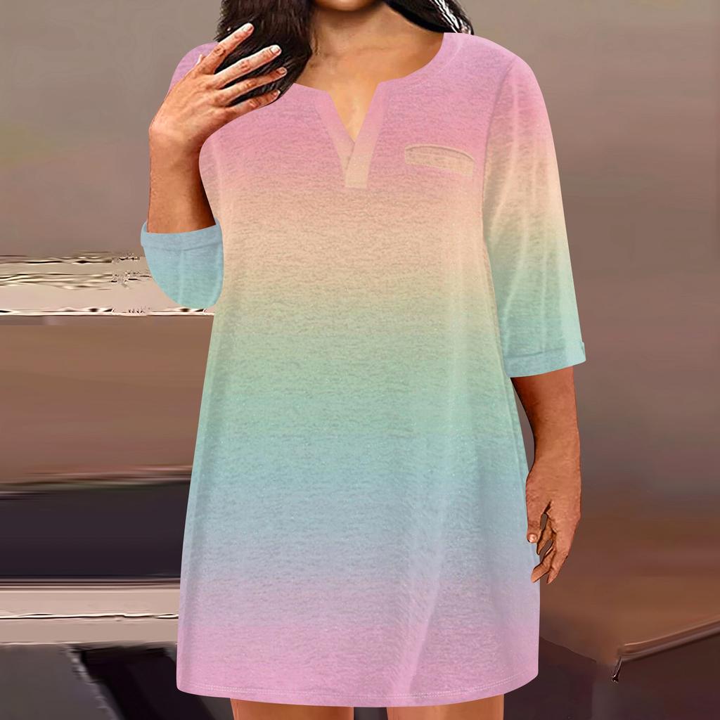 Women's Fashion Plus Size V-Neck Seven Sleeve Casual Printed Loose With Pockets Dresses