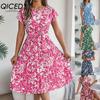 Spring Summer Elegant Floral Short-sleeved Wide-swing Pleated Dress for Women's Wear