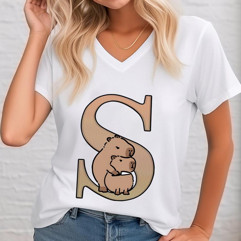 Funny Cute Capybara 26 Alphabet Unisex Tshirts Cartoon Animal Surname First Letter Az Short Sleeve Tops V Neck Capybara Tshirt