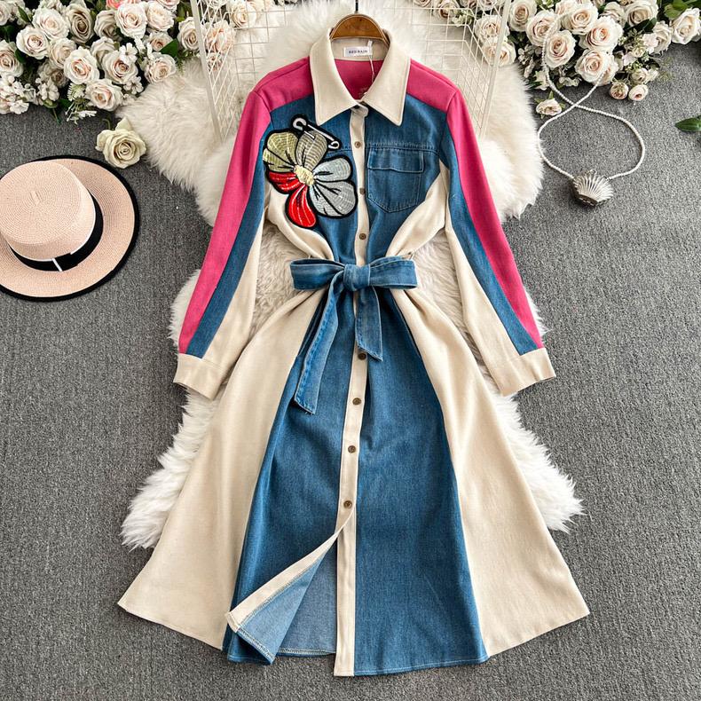 Lace Up High Waist Women 2025 Dresses Patchwork Denim Dresses Laple Long Sleeve Dress Femininos French Style Clothing