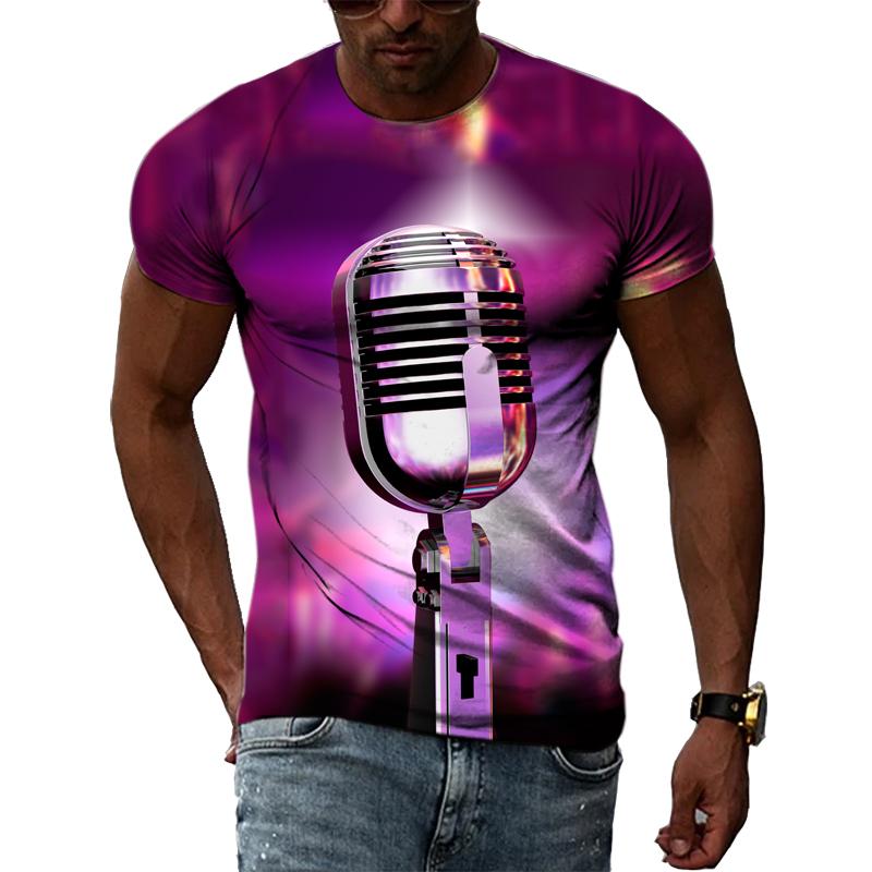 Summer Fashion Music Element Pattern T-shirt Hip-Hop Trend Microphone  Printing Tops Casual Novelty Men's Short Sleeved Clothing