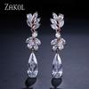 ZAKOL White Zircon Leaf Dangle Earrings for Women Shinny Water Drop Crystal Flower Pendant Earring Bridal Wedding Jewelry