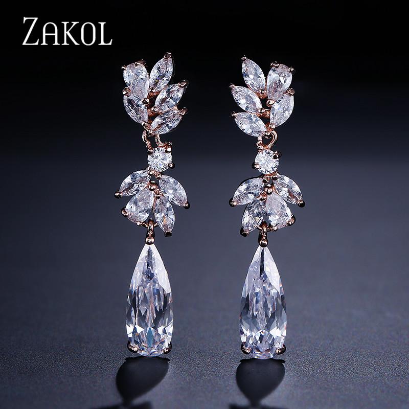 ZAKOL White Zircon Leaf Dangle Earrings for Women Shinny Water Drop Crystal Flower Pendant Earring Bridal Wedding Jewelry